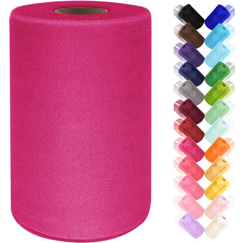 Ableme Deco Hot Pink Tulle Fabric Roll 6 Inch by 100 Yards (300 ft) Tulle Ribbon Mesh Netting for DIY Tutu Skirt Gift Wrapping Wedding Baby Shower Birthday Halloween Party Decorations Crafts, 34 Colors (Fuchsia) - Image 1